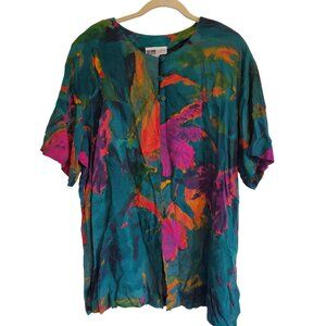 Vintage 90s Teal Green Watercolor Boho Grunge Rayon Short Sleeve Blouse Top